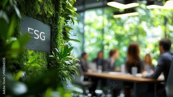 Obraz CEO discussing ESG initiatives in a corporate team meeting, selective focus, corporate sustainability theme, realistic, composite, modern boardroom backdrop