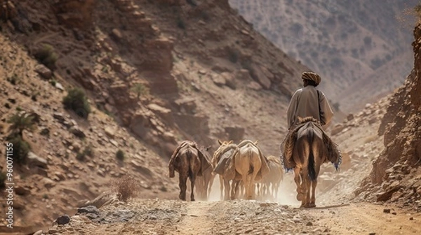 Obraz Nomadic tribesman leading a pack of mules through a rugged desert pass