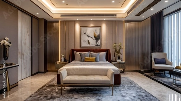 Fototapeta Exquisite Luxury Bedroom Interior with Plush Velvet Headboard Elegant Marble Flooring and Striking Modern Art Accents Creating a Sophisticated and Relaxing Ambiance