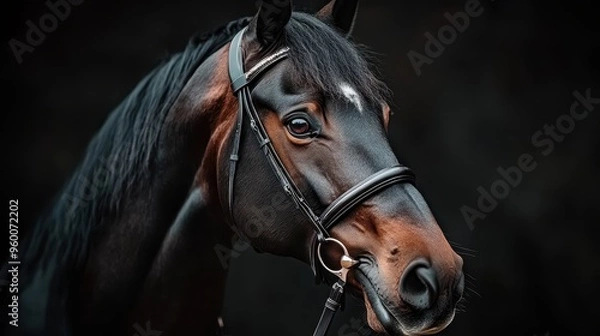 Fototapeta A captivating portrait of a horse adorned with a sleek black bridle, showcasing its elegant features and deep, expressive eyes, set against a dark background.