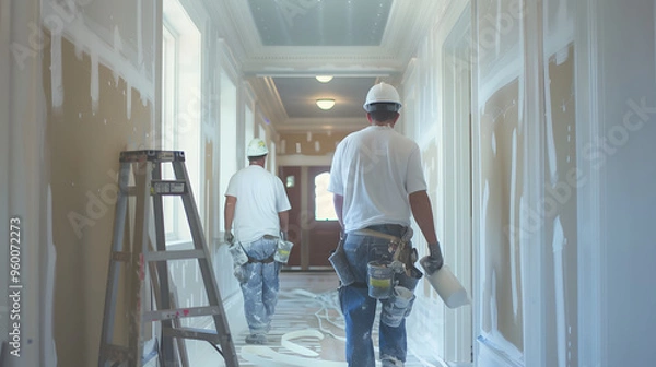Fototapeta Two painters working on a hallway renovation project, holding paint rollers and wearing protective gear. Ideal for themes related to construction, home improvement, and painting services.