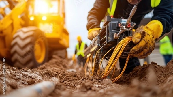 Fototapeta Close-up view of workers in safety gear digging a trench with a trench machine for fiber optic cable installation, showcasing detailed machinery and cables being laid, with dirt and construction