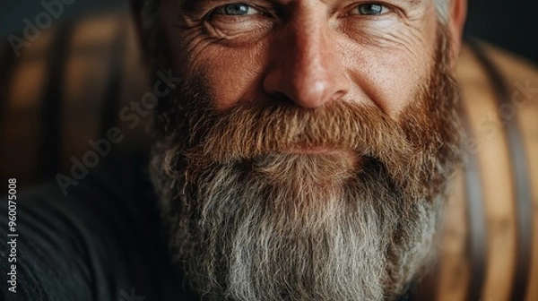 Fototapeta Close-up image of a man with a grey beard in a rustic setting, holding a wooden barrel, suggesting craftsmanship and a traditional lifestyle.