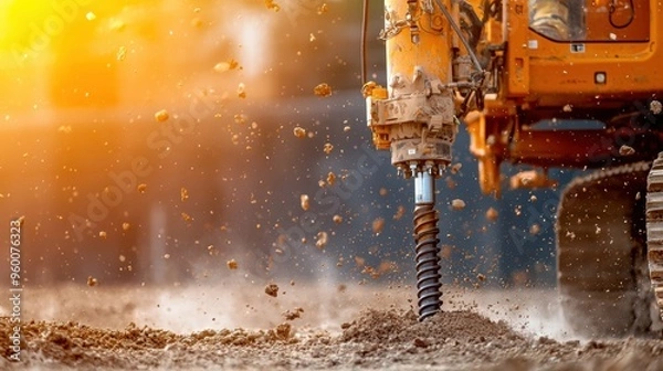 Fototapeta A close-up view of a heavy-duty drill rig operating on a construction site, focusing on the screw pile being driven into the ground with dust and debris flying around