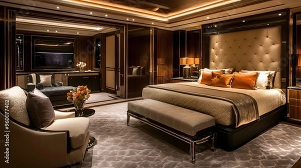 Fototapeta A lavish and sophisticated bedroom featuring a grand extravagant bed custom designed furniture and a private seating area creating an indulgent and high end living space