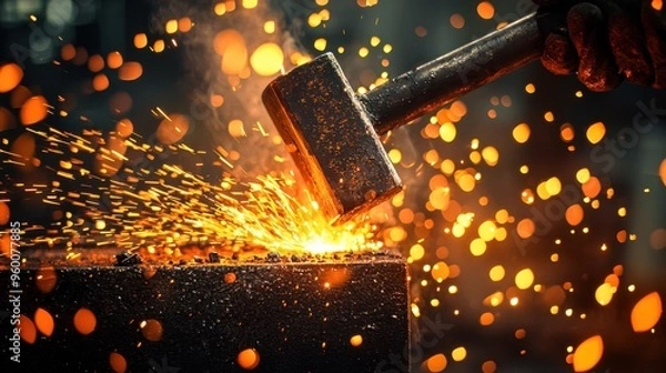 Fototapeta Detailed close-up of a hot metal ingot being hammered by a blacksmith is hammer on an anvil, with glowing red and orange sparks flying off. 