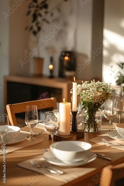 Fototapeta A minimalist dining room set for a candlelit dinner AI generated