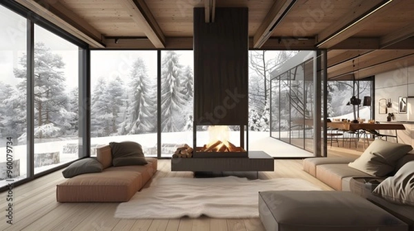 Fototapeta A minimalist rustic cabin with a roaring fireplace AI generated