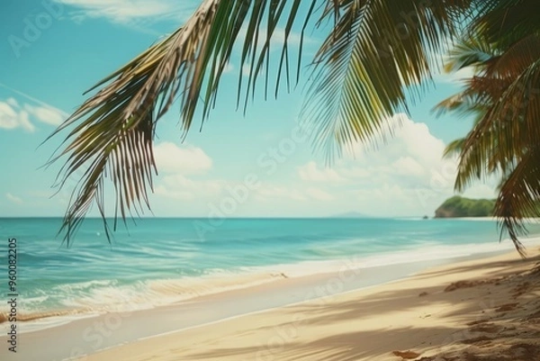 Fototapeta A secluded beach with golden sands and azure waters, palm trees swaying in the breeze and the distant horizon softly blurred, creating a serene holiday backdrop