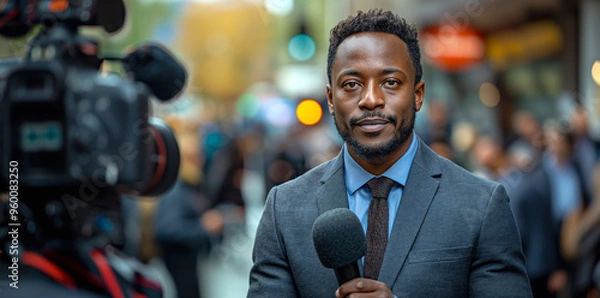 Obraz Black journalist in a suit holding a microphone is doing an interview on a crowd of people background