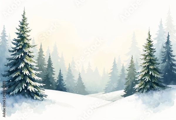 Fototapeta Illustration of watercolor forest with trees, natural landscape background
