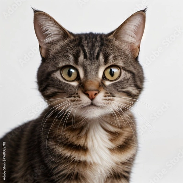 Obraz Adorable Tabby Cat Sitting on White Background