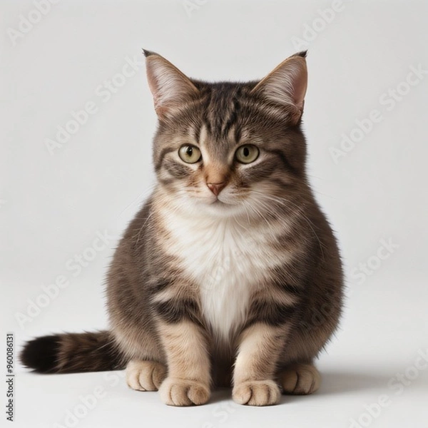 Fototapeta Adorable Tabby Cat Sitting on White Background