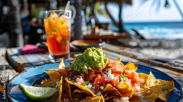 Fototapeta Fiesta Style Nachos With Guacamole And Salsa