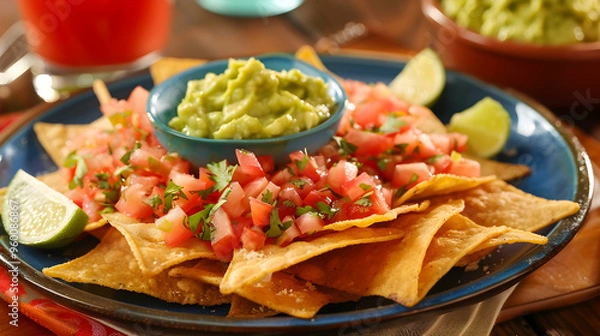Fototapeta Fiesta Style Nachos With Guacamole And Salsa