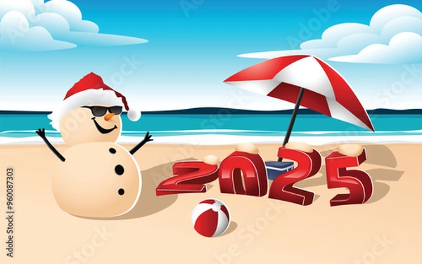 Obraz A cheerful sandy snowman on a beautiful beach is wearing sunglasses. In front of the snowman, there's an umbrella, a beach ball, and large 3D numbers for the New Year standing in the sand