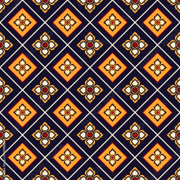 Fototapeta Elegant Thai-inspired pattern. Geometric floral motifs in navy, orange and red. Seamless design for textiles or decor. Traditional Thai pattern with diamond shapes. Luxurious Asian pattern.