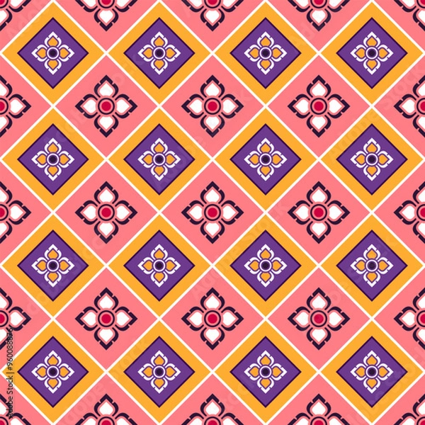 Fototapeta Vibrant geometric pattern with colorful floral motifs. Retro style seamless design  repeating diamond shapes and stylized flowers. Perfect fabric, wallpaper, graphic design projects. Floral pattern.