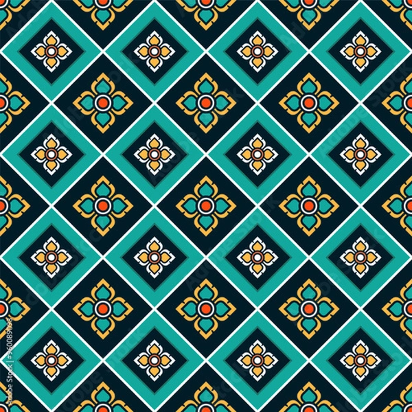 Fototapeta Vibrant geometric pattern featuring intricate floral motifs in turquoise, gold, and black. Seamless repeating design with ornate diamond shapes. Elegant, exotic, pattern. jewel-toned color.