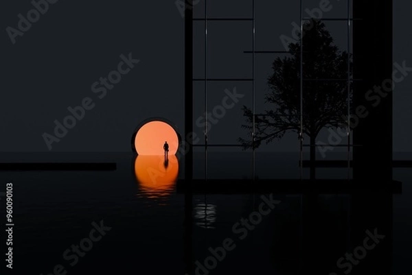 Fototapeta night atmosphere. Shadow of a man standing in front of an orange hole tunnel. 3d illustration