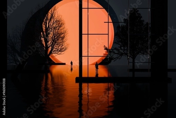 Fototapeta night atmosphere. Shadow of a man standing in front of an orange hole tunnel. 3d illustration