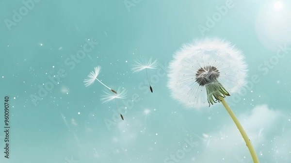 Fototapeta Dandelion seeds floating away in a gentle breeze  AI generated illustration