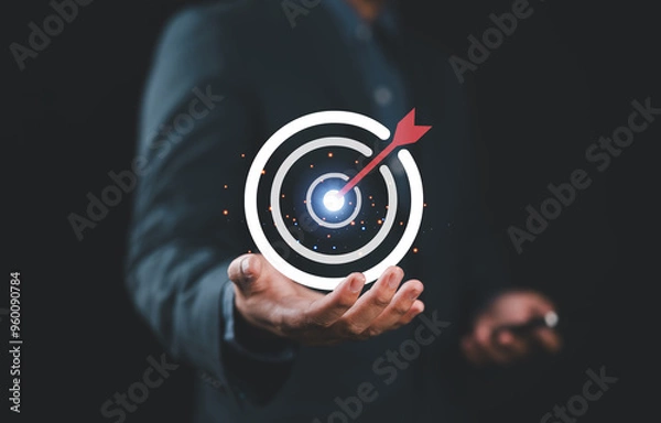 Fototapeta Startup business concept, businessman hands show goals and target for growing business, fast business success. Startup founder, network connection, idea generation, digital marketing.