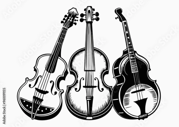 Fototapeta Set of contrabass, mandoline, banjo musical instrument vector illustration isolated. Orchestra stringed instruments ink drawn. Black white element for design wrapping, postcard, brochure, invitation

