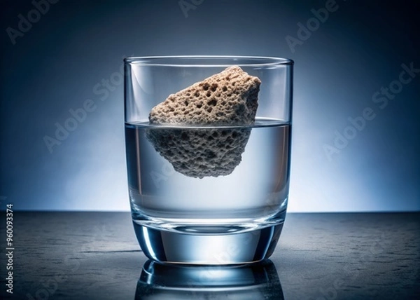 Fototapeta A piece of pumice floating in a crystal-clear glass of water, with dramatic side lighting to emphasize its lightweight, sponge-like properties.