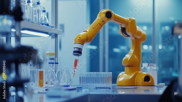 Fototapeta A robot is in a lab with a bunch of test tubes and bottles