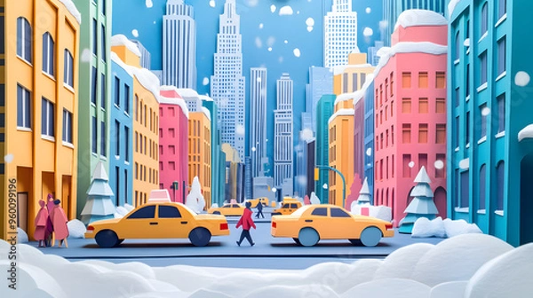 Obraz snow covered city street, flowing cars, pedestrians walking, all surrounded by a vivid paper cut craft cityscape, colorful and modern.	
