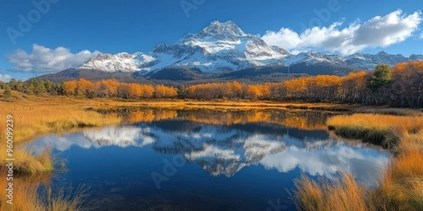 Fototapeta Mountain Reflection in a Still Lake with Golden Fall Foliage
