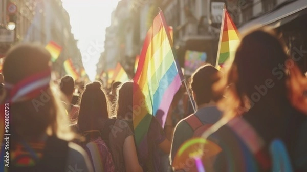 Obraz Participants at an LGBTQ pride parade are seen from behind, carrying vibrant rainbow flags. The parade moves through urban streets, highlighting themes of diversity, acceptance, and community spirit