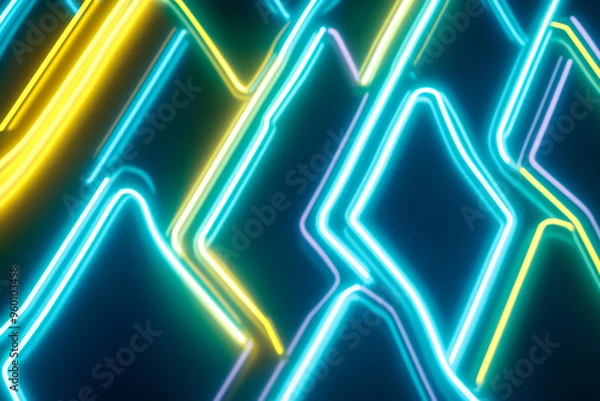 Obraz A neon lighting background with overlapping zigzag lines of neon yellow and cyan, creating a sharp, electrifying visual effect.