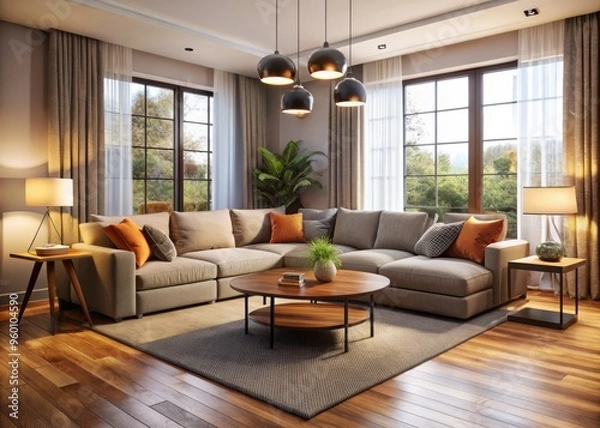 Fototapeta In this inviting space, an L-shaped sofa and armchair are arranged around a coffee table, paired with a