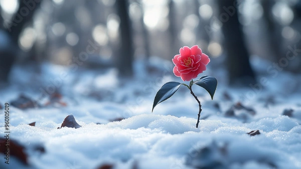 Fototapeta 雪の中咲く椿の花