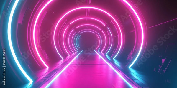 Fototapeta A neon lighting background showcasing a series of bright pink and blue neon rings, forming a futuristic tunnel effect.