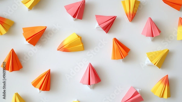 Fototapeta 白いテーブルに散りばめられた折り紙のキャンディコーン