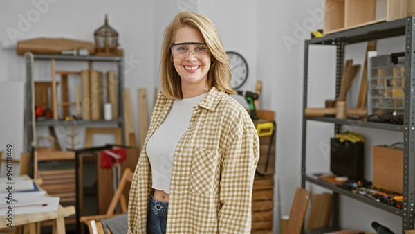 Fototapeta Smiling woman wearing glasses stands in a woodworking workshop surrounded by tools and timber.