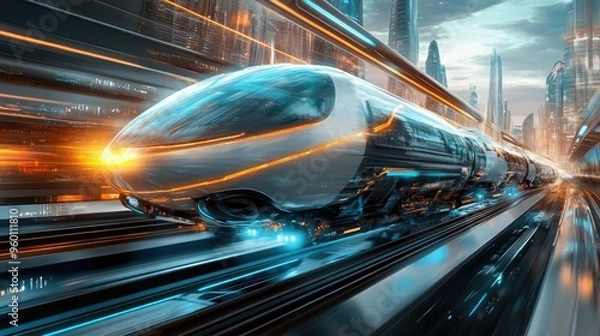 Fototapeta Futuristic transportation systems with mesmerizing designs, set against a dynamic realistic background of a bustling cityscape