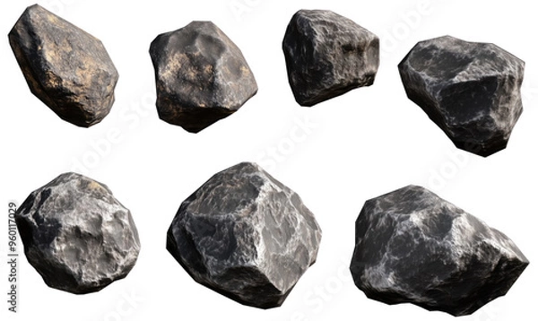 Fototapeta Set di rocce irregolari e realistiche, rappresentate in diverse angolazioni, perfette per scenari naturali o spaziali. Cut out
