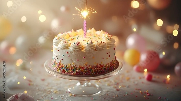 Fototapeta Luminous birthday cake, bright and airy atmosphere, sparkling candle, glowing sparkler, soft whipped cream frosting, colorful sprinkles, golden, transparent glass cake stand.