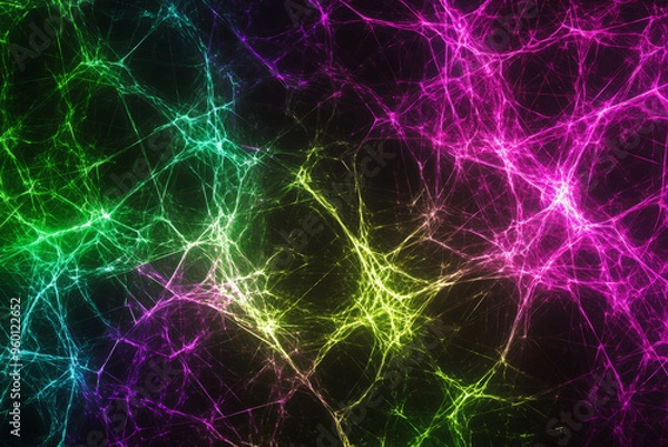 Fototapeta A neon lighting background with crisscrossing lines of neon green and purple, forming a complex, electrifying web against a pitch-black background.
