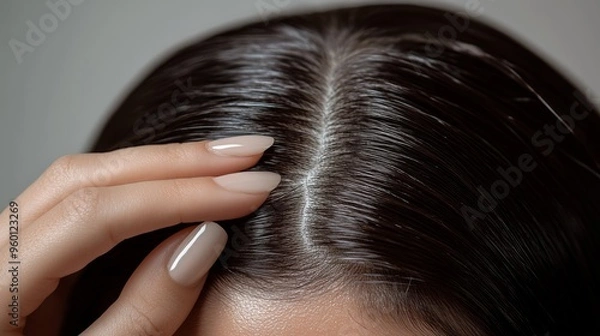 Fototapeta A crisp and clear detailed view of a person's clean and healthy scalp with shiny black hair, emphasizing the smoothness and well-maintained nature of the hair.