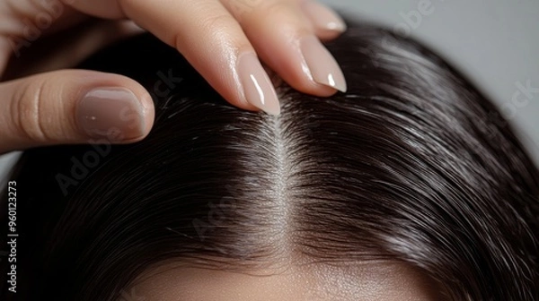 Fototapeta A detailed close-up image showing a healthy scalp with lustrous black hair, showcasing the smooth texture and well-maintained condition of the hair follicles.
