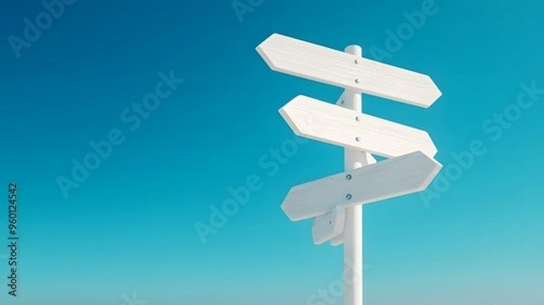 Obraz White wooden directional sign post, multiple blank arrows, clear blue sky background, minimalist design, clean and simple, 3D rendering, high contrast, soft shadows.