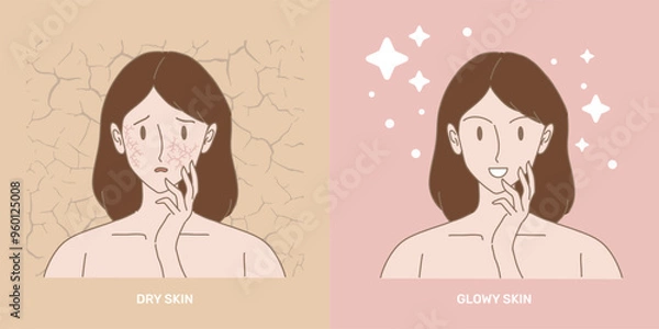 Obraz Face of woman with skin problem compare with healthy skin. Girl touching dry skin and glowy skin by hand. Cracked background isolated. Hand drawn flat cartoon character vector illustration.