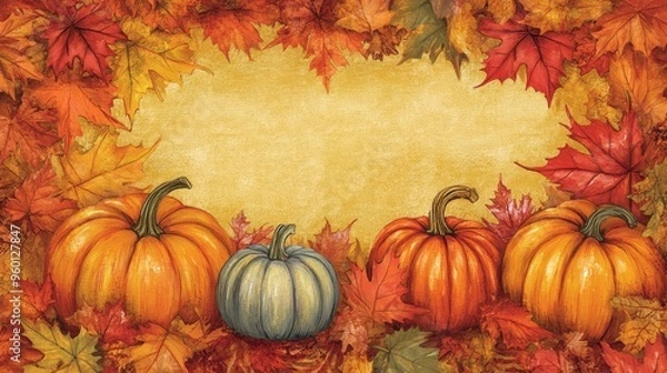 Fototapeta A festive autumn backdrop with a collection of pumpkins on a bed of colorful fall leaves. The pumpkins are various sizes and colors, set against a warm, golden light that highlights the rich hues of