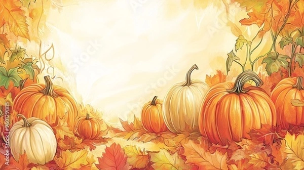Fototapeta An inviting autumn harvest scene featuring a collection of pumpkins placed on a blanket of vibrant fall leaves. The pumpkins are different sizes and colors, set against a warm, golden light that