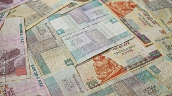 Fototapeta Egyptian banknotes spread out showing various denominations including five, ten, and two hundred pounds with vibrant designs and intricate patterns.